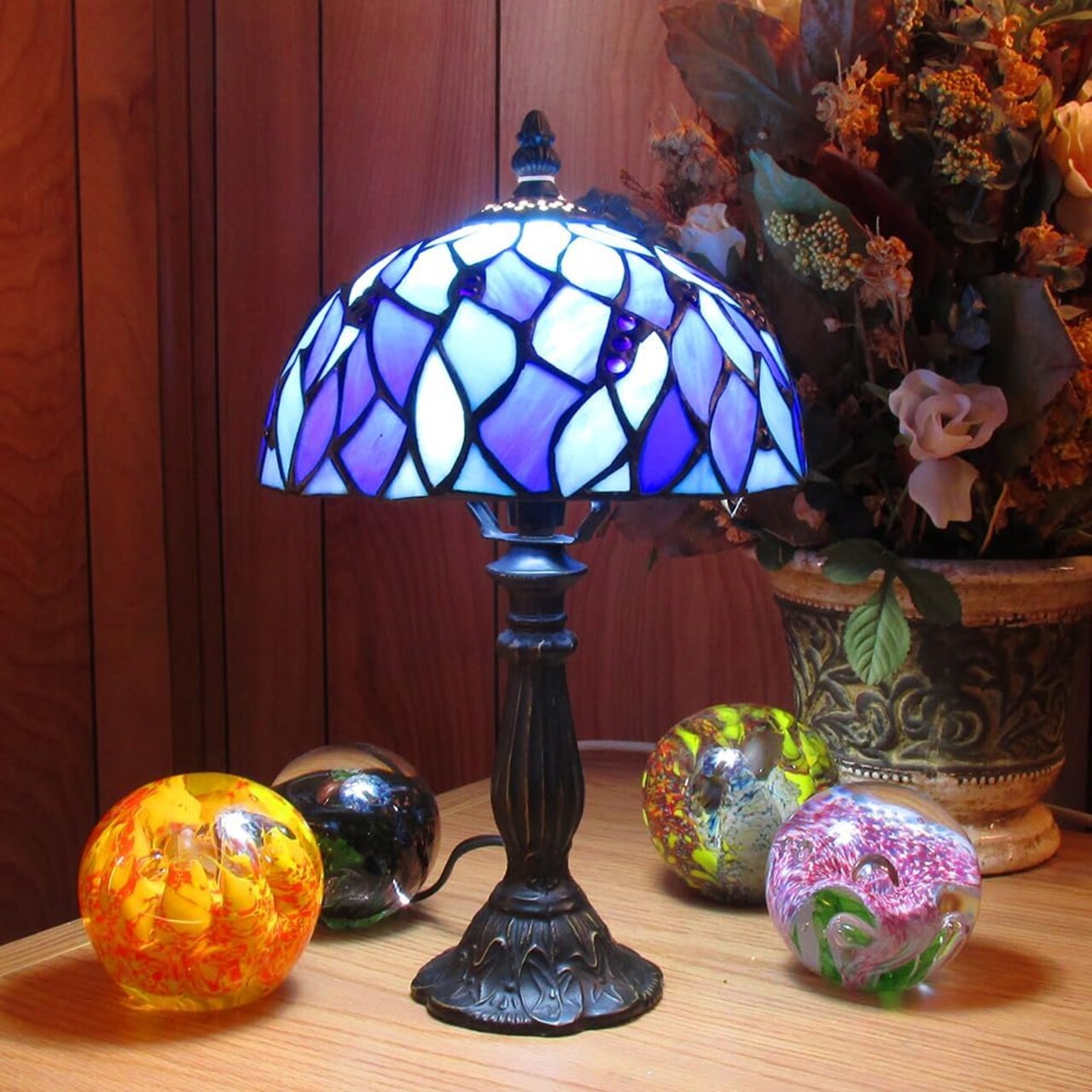 Blue Pedestal Tiffany Stained Glass Shade & Lamp Base - Perfect for a Living Room, Bedroom, Office, & More
